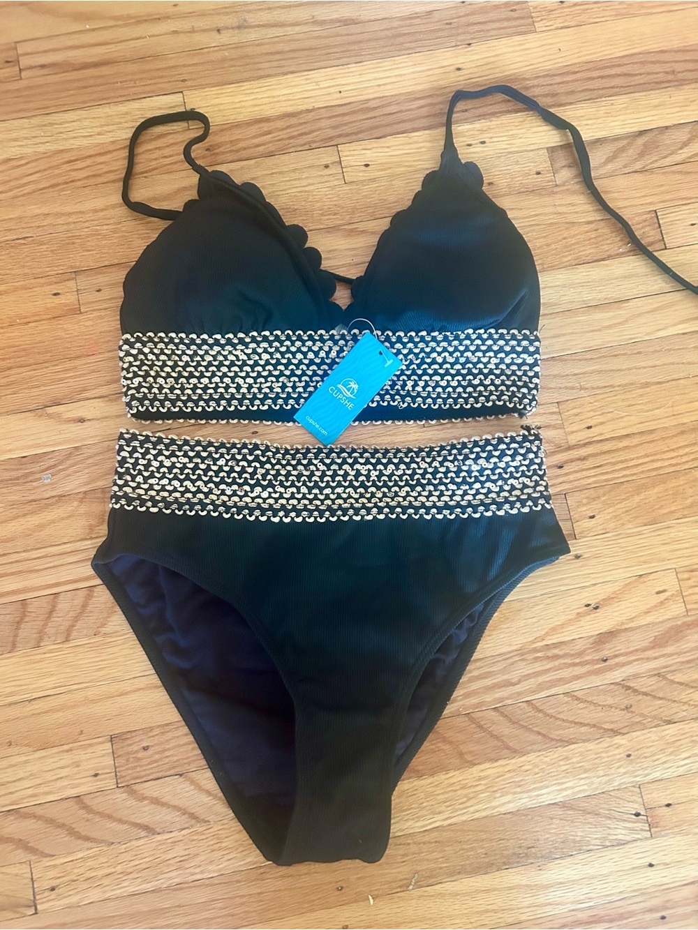 Cupshe Black & Gold Sparkly High Waisted Bikini Set NWT Size Small